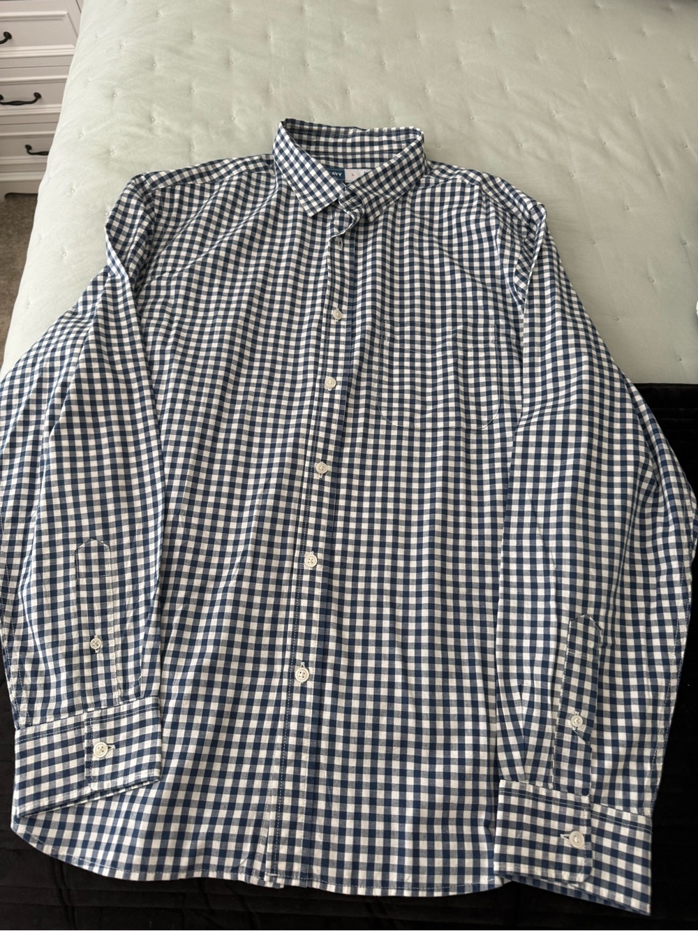 Old Navy Men's Navy and White Gingham Button-Down Shirt
